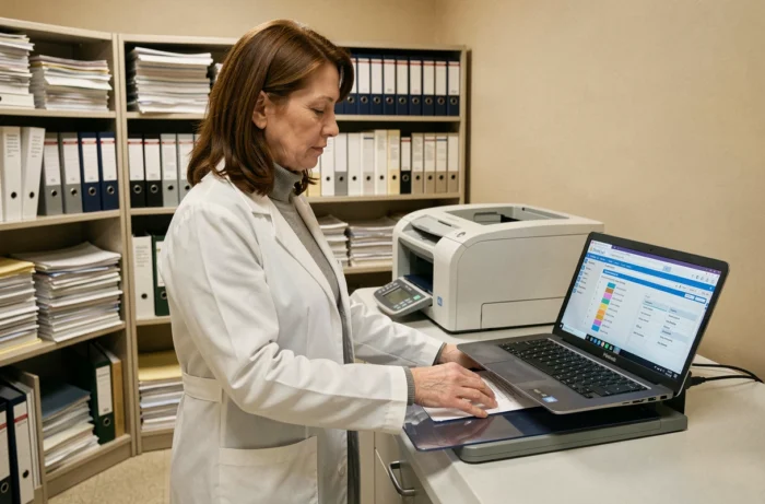 Femme en blouse blanche numérisant des documents administratifs avec un scanner professionnel dans une salle d'archives médicales