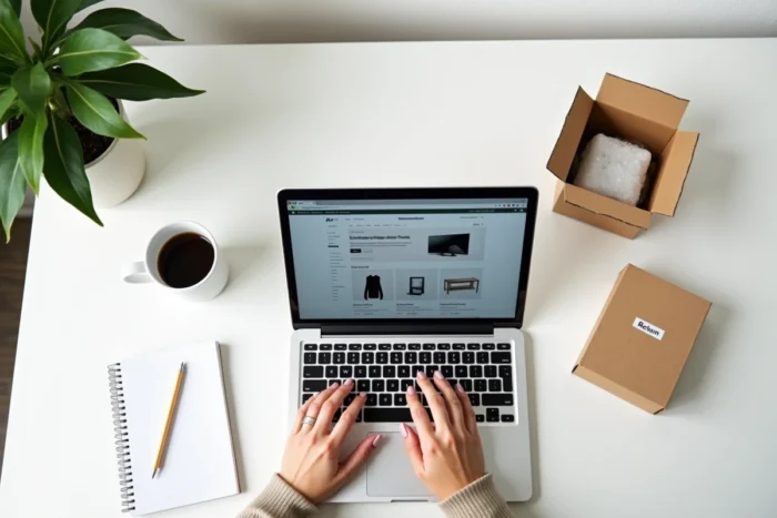 Ordinateur portable ouvert sur un site de vente en ligne de seconde main avec un colis de livraison prêt à être envoyé sur un bureau minimaliste