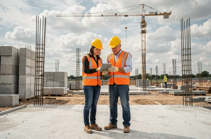 Deux ouvriers en gilets de sécurité consultant une tablette sur un chantier de construction en cours