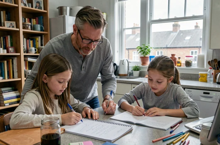 Père célibataire aidant ses deux filles aux devoirs dans un appartement urbain, illustrant les nouvelles formes de parentalité monoparentale