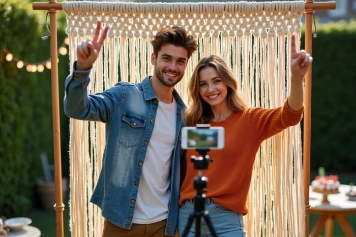 Deux jeunes adultes posant devant un photobooth DIY en macramé lors d'une fête d'anniversaire en plein air