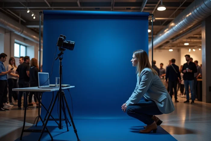 Photographe professionnelle réglant la hauteur d'un fond de photobooth dans un espace événementiel moderne