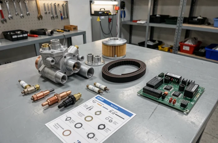 Vue à plat des pièces détachées d'un groupe électrogène SDMO incluant filtre à huile, courroie, régulateur de tension et injecteur sur établi d'atelier