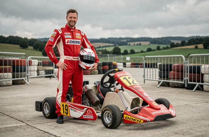 Pilote de karting en combinaison rouge et blanche posant à côté de son kart de compétition dans un paddock belge