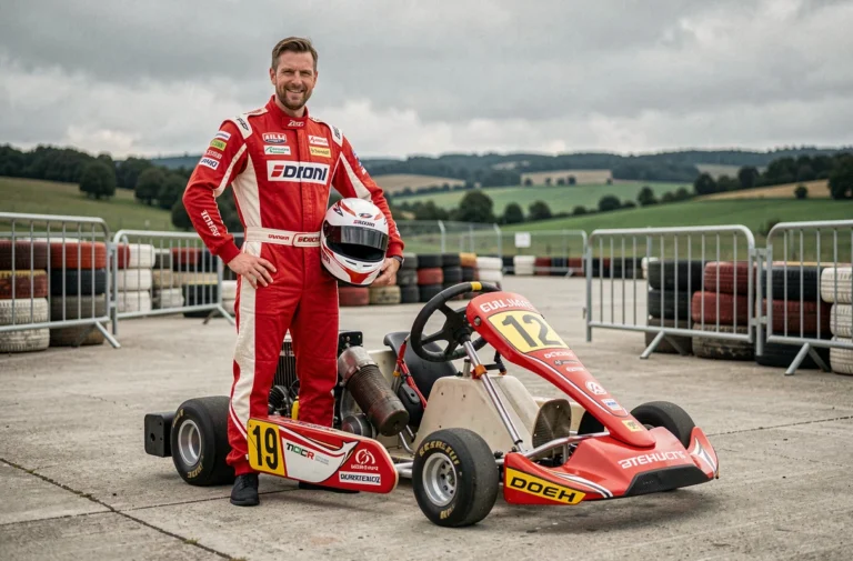 Pilote de karting en combinaison rouge et blanche posant à côté de son kart de compétition dans un paddock belge