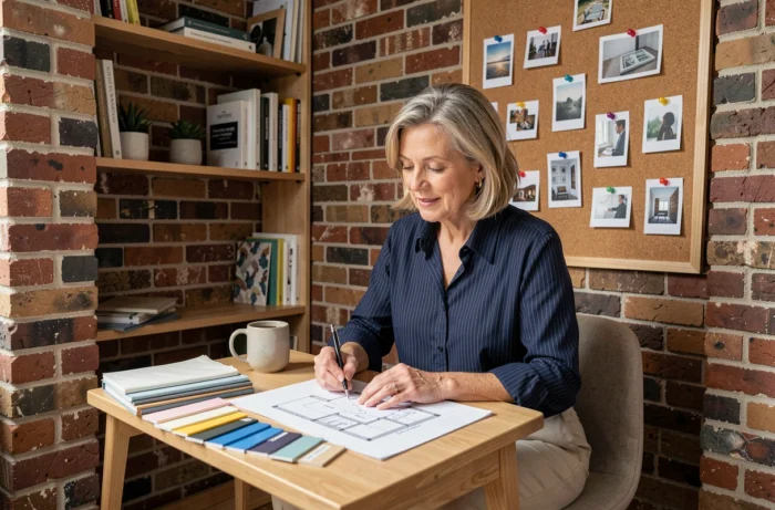 Femme planifiant la décoration de sa maison avec des échantillons de tissu et des croquis dans un bureau à domicile chaleureux