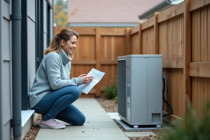 Propriétaire inspectant une pompe à chaleur installée en extérieur dans le cadre d'une rénovation énergétique résidentielle
