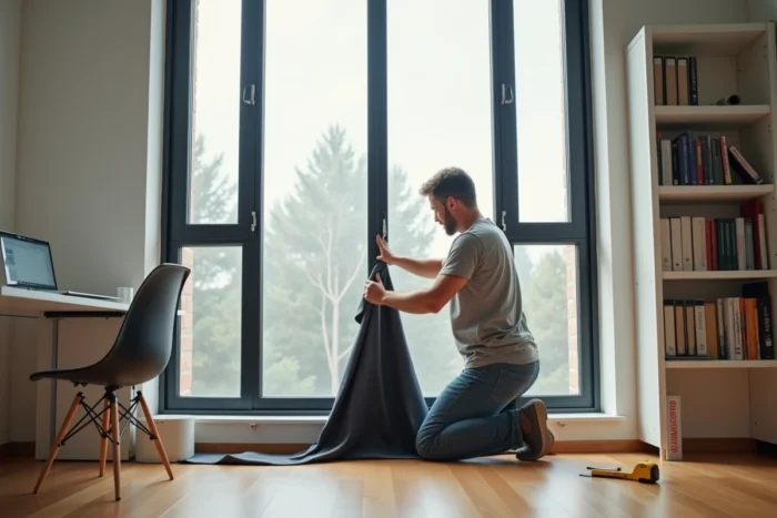 Homme installant un panneau occultant adhésif sur une fenêtre de bureau à domicile en DIY