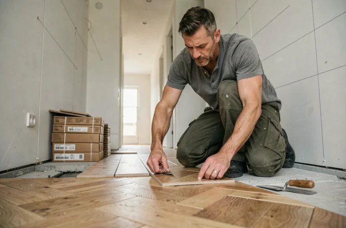 Homme posant du parquet en chevron dans un couloir en rénovation, vue en contre-plongée au niveau du sol