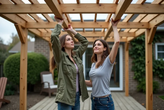 Deux femmes assemblant les poutres d'une pergola en bois dans un jardin résidentiel
