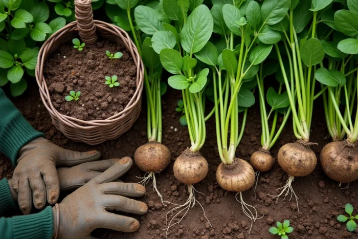Vue aérienne de pourpier arraché posé sur le sol d'un jardin avec des outils de désherbage