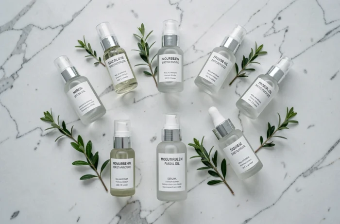 Gamme de soins visage minimalistes posés sur un plan en marbre blanc, avec des flacons en verre épurés aux étiquettes typographiques et des plantes vertes décoratives