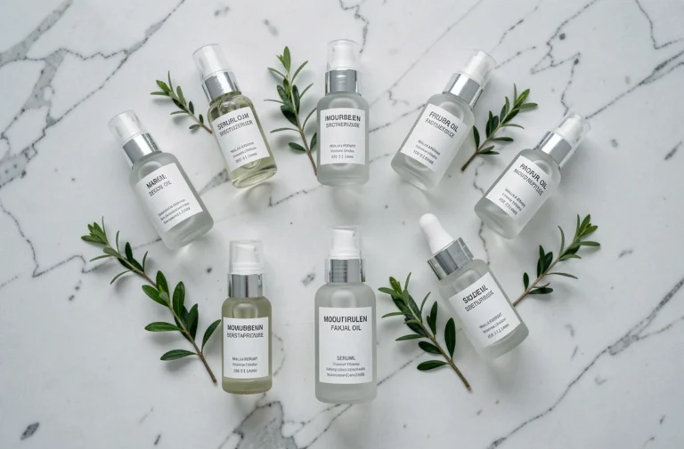 Gamme de soins visage minimalistes posés sur un plan en marbre blanc, avec des flacons en verre épurés aux étiquettes typographiques et des plantes vertes décoratives
