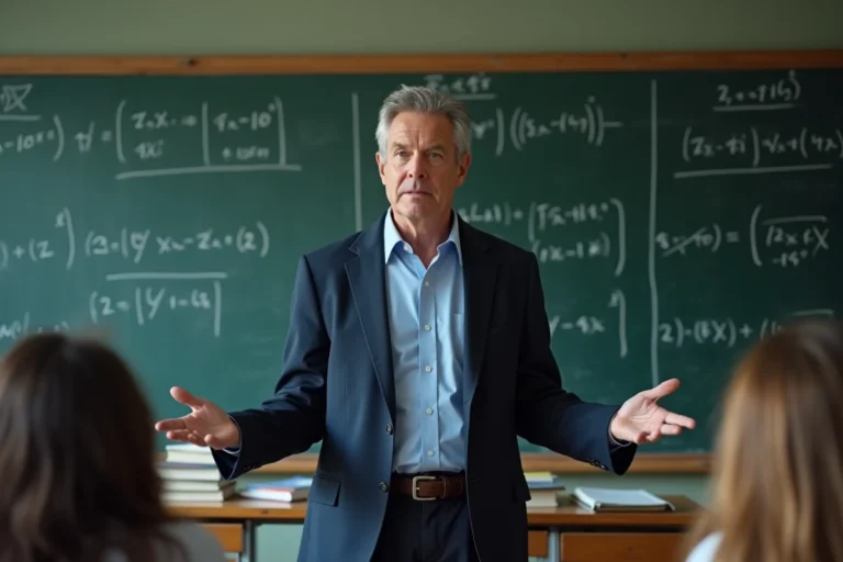 Professeur de classe préparatoire devant un tableau noir couvert d'équations mathématiques dans une salle de cours traditionnelle
