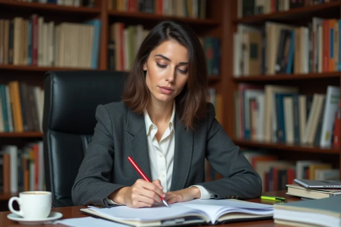 Professeure de prépa corrigeant des copies dans son bureau entouré de livres académiques et de manuels scolaires