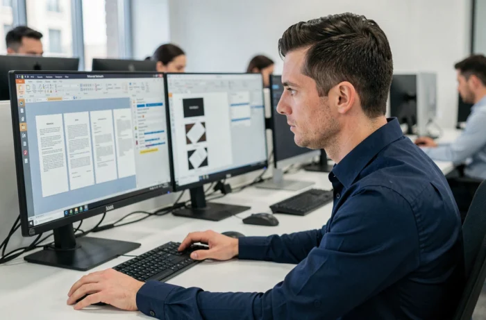 Professionnel informatique utilisant un logiciel de numérisation de documents Epsilon Scan Soft sur un poste de travail à double écran dans un bureau moderne