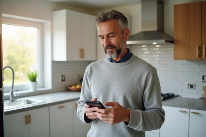 Propriétaire contactant le service après-vente Tyko Cuisine par téléphone dans sa nouvelle cuisine installée