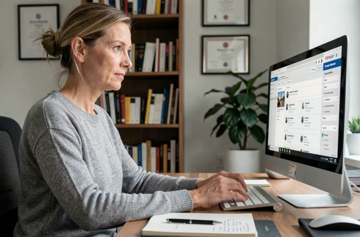 Femme concentrée consultant des avis clients sur un site d'artisans depuis son bureau à domicile avant de demander un devis