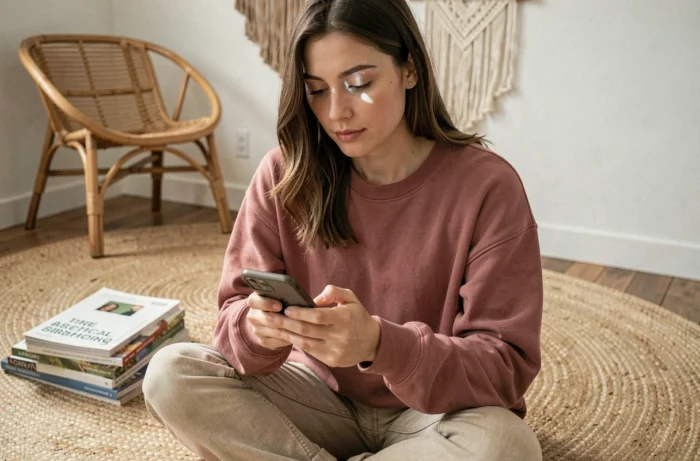 Jeune femme recherchant une marque de mode éthique sur les réseaux sociaux depuis son salon
