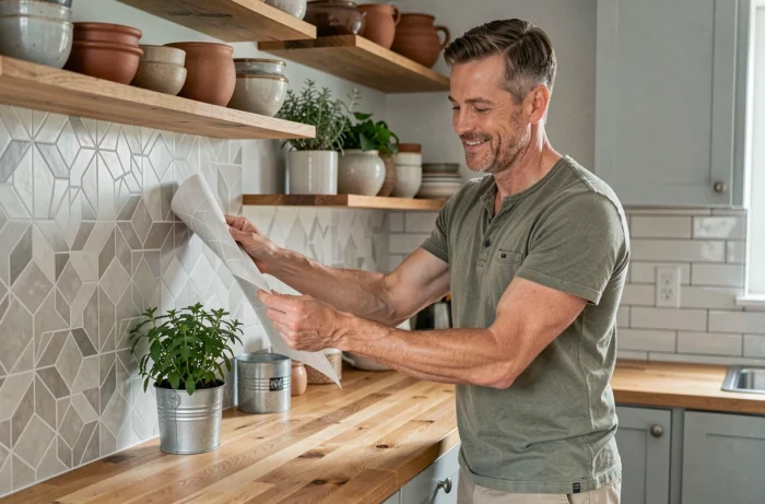 Homme posant du papier peint adhésif géométrique dans une petite cuisine pour relooker sa déco intérieure facilement et à moindre coût