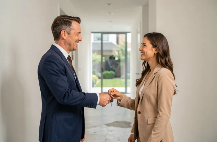 Conseiller immobilier remettant les clés d'un appartement neuf à une nouvelle propriétaire souriante