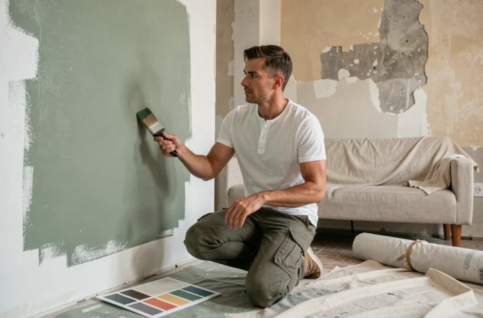 Homme appliquant un échantillon de peinture vert sauge sur un mur de salon en cours de rénovation, inspiration décoration intérieure moderne