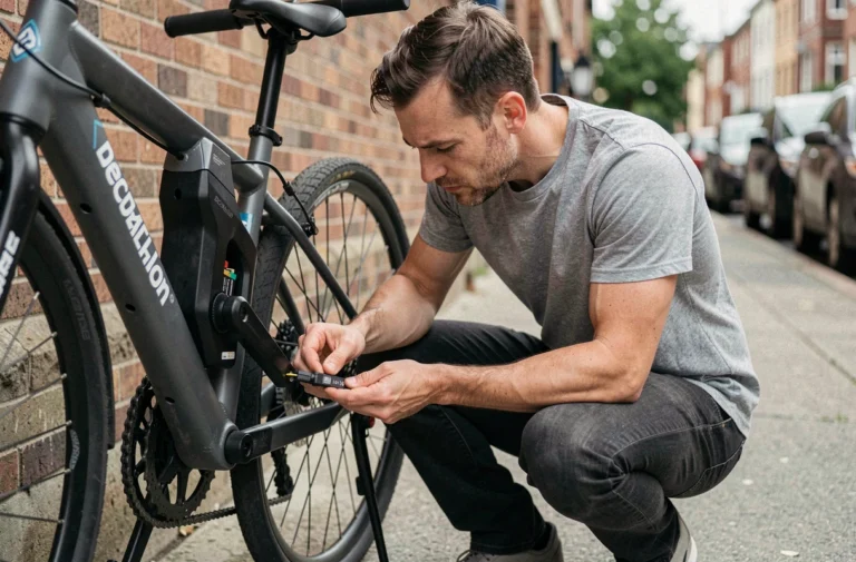 Homme inspectant la batterie d'un vélo électrique Decathlon en panne sur un trottoir urbain