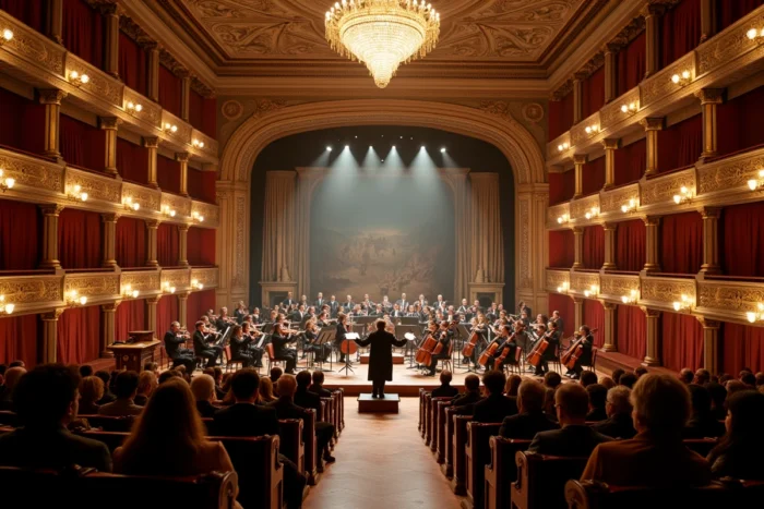 Vue grand angle d'une répétition orchestrale dans un opéra historique italien avec chanteurs en costume partiel et musiciens en fosse