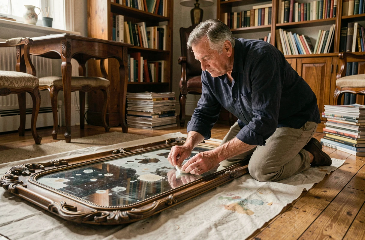 Homme restaurant un grand miroir ornemental piqué posé à plat sur le parquet d'un salon avec une solution maison et un coton