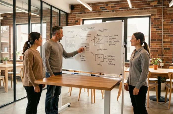 Équipe de professionnels en réunion de stratégie digitale devant un tableau blanc couvert de wireframes et de plans de présence en ligne