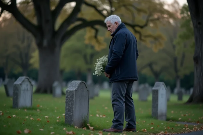 Homme déposant des fleurs sur une tombe dans un cimetière, souvenir d'un parent décédé