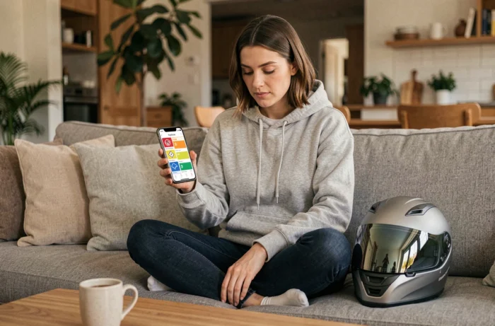 Femme révisant le code moto sur smartphone avec application de quiz sur un canapé dans un salon moderne