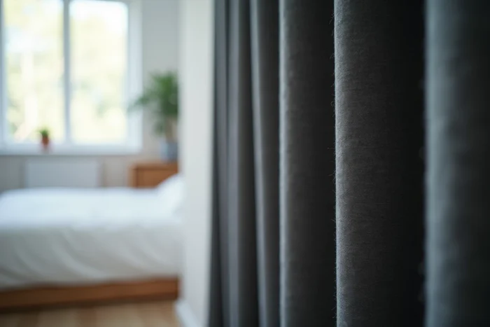 Gros plan sur un rideau occultant en tissu gris installé devant une fenêtre de chambre à coucher