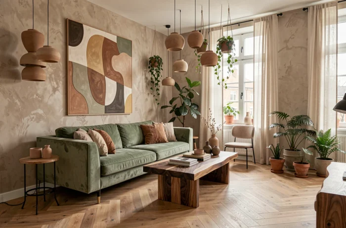 Salon décoré sur mesure avec canapé en velours vert sauge, table basse en noyer et art mural abstrait reflétant un service de décoration intérieure personnalisé
