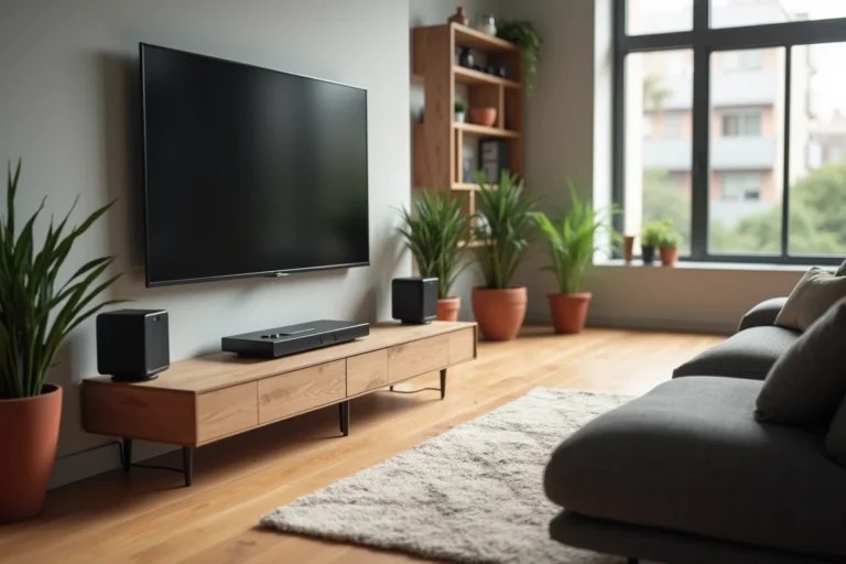 Salon moderne équipé avec télévision, système audio et mobilier confortable pour une maison bien aménagée