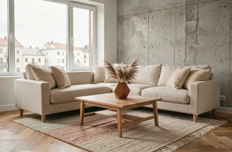 Salon minimaliste de style scandinave avec canapé en lin crème, table basse en chêne et vase en terre cuite, tendances déco 2024 pour projets immobiliers