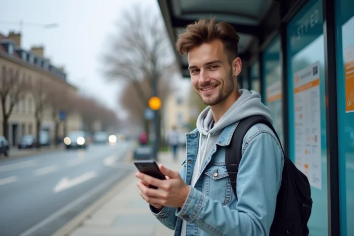 Jeune usager validant un ticket sur l'application mobile du self-service Keolis Orléans à un arrêt de tram
