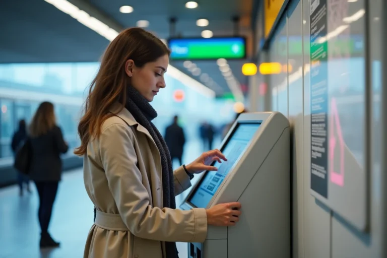 Femme utilisant un kiosque libre-service Keolis Orléans dans une gare régionale moderne