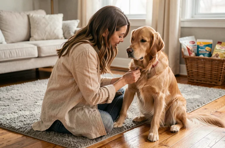 Femme qui brosse son golden retriever dans un salon chaleureux, entourée d'accessoires de soin pour animaux