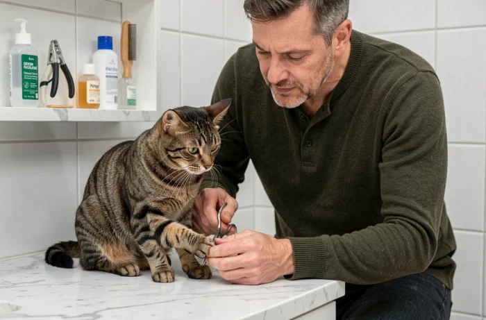 Homme qui coupe les griffes de son chat tigré sur un plan de travail en marbre avec des outils de toilettage professionnels