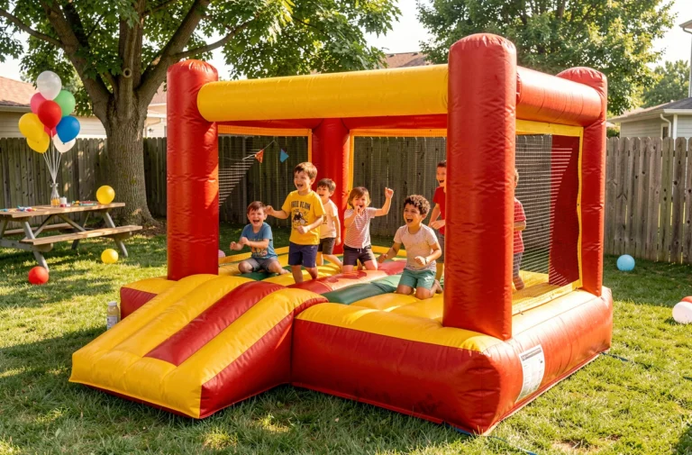 Structure gonflable colorée installée dans un jardin lors d'un anniversaire d'enfants