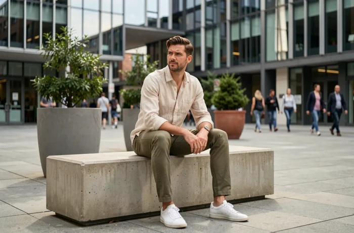 Homme stylé en tenue décontractée urbaine illustrant les conseils de style masculin au quotidien dans un cadre citadin moderne