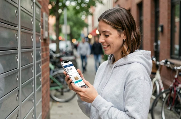 Femme consultant le suivi de son colis Mondial Relay sur smartphone devant une consigne automatique en ville