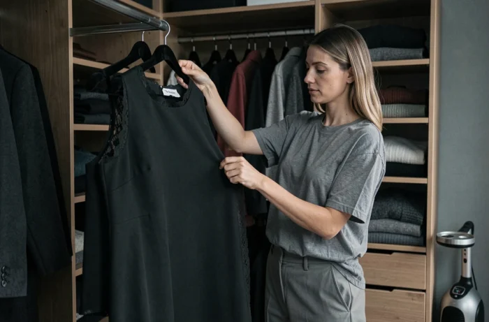 Jeune femme suspendant une robe The Kooples propre sur un cintre dans un dressing bien organisé