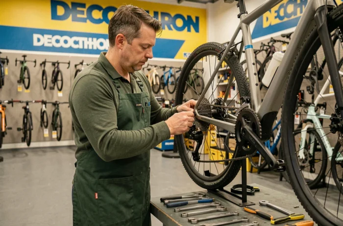 Technicien réparant le dérailleur et le capteur d'un vélo électrique Decathlon dans un atelier de cycle professionnel