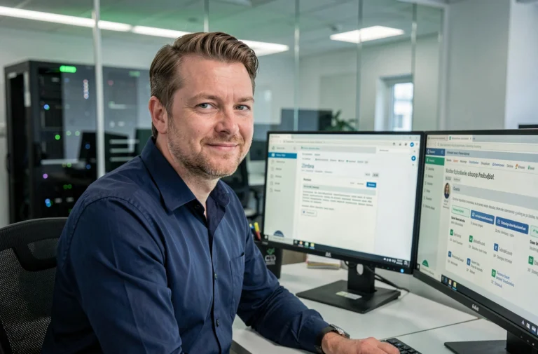 Technicien informatique utilisant une messagerie collaborative Zimbra sur un poste de travail sécurisé dans un bureau moderne