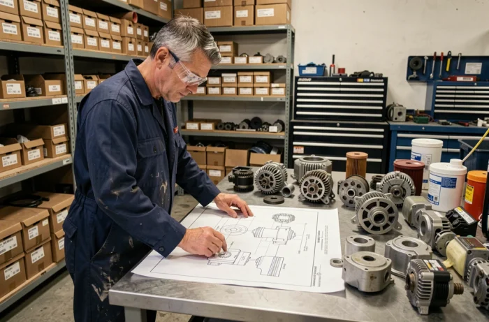 Technicien consultant une vue éclatée de groupe électrogène SDMO sur un établi d'atelier avec des pièces détachées organisées autour de lui