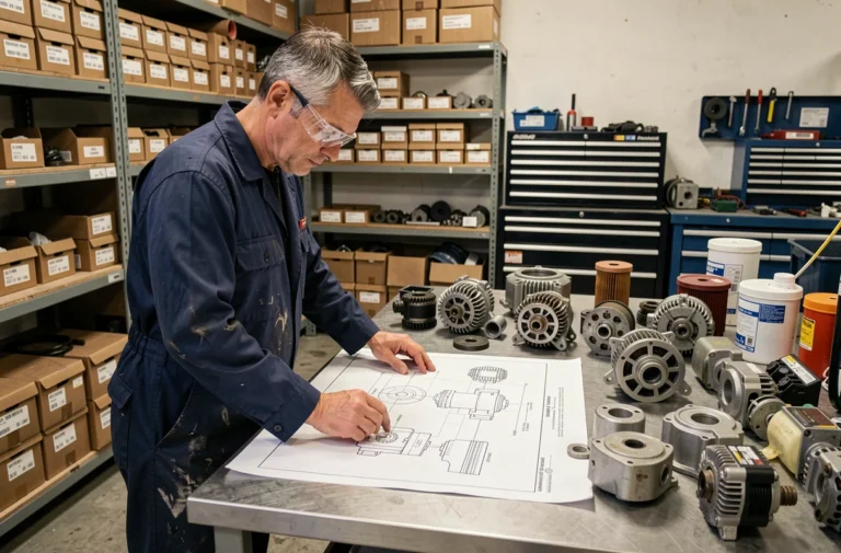 Technicien consultant une vue éclatée de groupe électrogène SDMO sur un établi d'atelier avec des pièces détachées organisées autour de lui