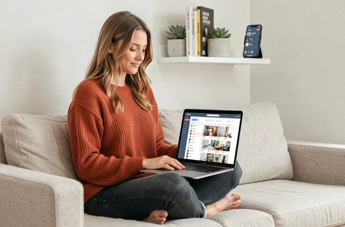 Jeune femme en télétravail gérant la présence en ligne d'une entreprise depuis un bureau à domicile épuré avec un ordinateur portable