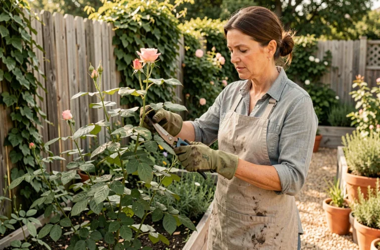 Femme jardiniève taillant des rosiers dans un jardin de printemps avec des outils de jardinage